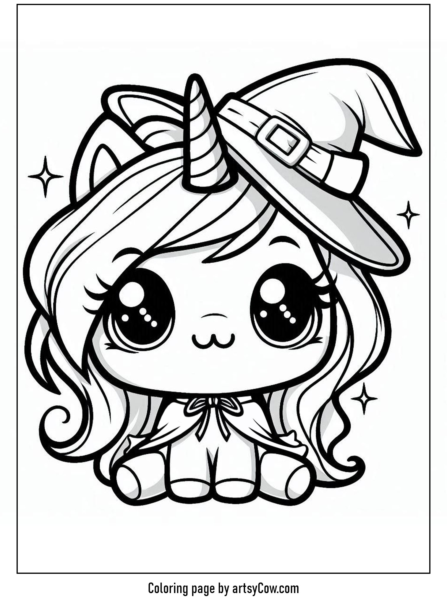 halloween coloring pages with unicorn 2 features a cute unicorn wearing a witch hat and cloak, sitting with sparkling eyes and a cheerful expression, perfect for coloring fun.